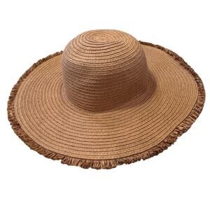 H&M Beige Tan Straw Sun Hat Fringe Trimmed Brim Women's Sz L/58